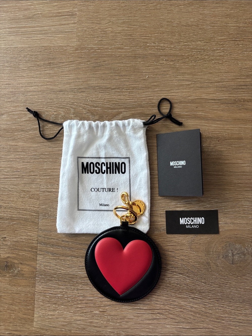 Moschino Black and Red Heart Key Ring Pouch with Gold Hardware